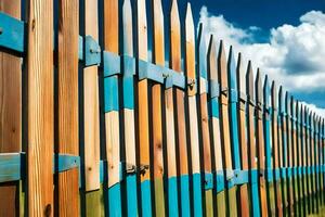 un cerca con vistoso de madera publicaciones y azul cielo. generado por ai foto