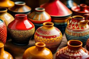 many colorful vases are displayed on a table. AI-Generated photo