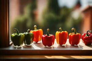 colorful peppers in a row on a window sill. AI-Generated photo