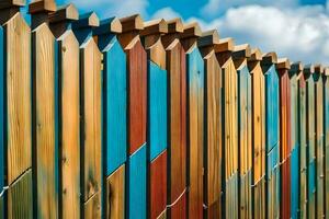 colorful wooden fence with blue sky and clouds. AI-Generated photo