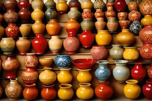 a large display of colorful vases on a shelf. AI-Generated photo