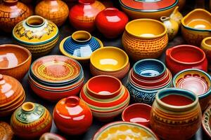 many colorful pottery items are displayed in a display. AI-Generated photo