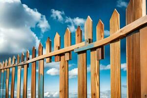 a wooden fence with a blue sky and clouds. AI-Generated photo