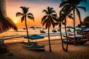 barcos son atracado en el playa a puesta de sol. generado por ai foto