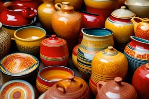 many colorful pottery vases are displayed in a row. AI-Generated photo