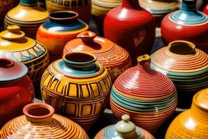 many colorful vases are displayed in a row. AI-Generated photo