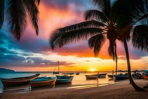 barcos en el playa a puesta de sol. generado por ai foto