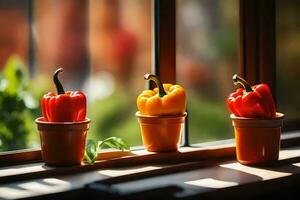 three peppers in pots on a window sill. AI-Generated photo