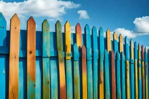 a colorful wooden fence with blue sky in the background. AI-Generated photo