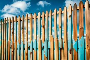 a wooden fence with blue and green paint. AI-Generated photo