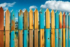 a colorful wooden fence with blue sky in the background. AI-Generated photo