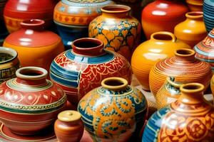 many colorful vases are displayed on a table. AI-Generated photo