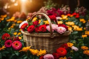 a basket full of flowers on a sunny day. AI-Generated photo