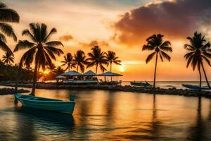 a boat sits on the water at sunset with palm trees. AI-Generated photo