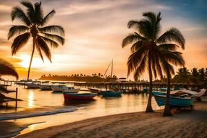 un hermosa playa con barcos y palma arboles a puesta de sol. generado por ai foto