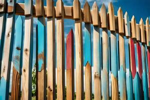 a colorful fence made of wooden sticks. AI-Generated photo