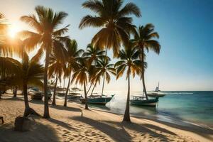 a beach with palm trees and boats on the water. AI-Generated photo