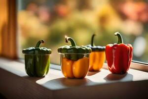 a group of peppers in glass jars on a window sill. AI-Generated photo