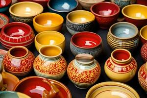 many colorful ceramic bowls and cups are arranged on a table. AI-Generated photo