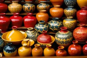 colorful vases are displayed on a shelf. AI-Generated photo