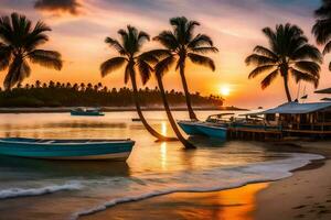a beautiful sunset over the ocean with boats and palm trees. AI-Generated photo