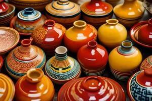 many colorful pottery vases are displayed in a display. AI-Generated photo