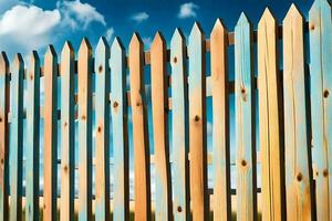 a wooden fence with blue sky and clouds. AI-Generated photo