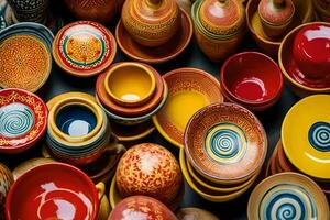 many colorful ceramic dishes are arranged together. AI-Generated photo