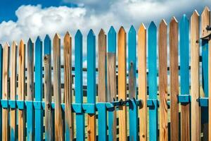 a wooden fence with blue and green poles. AI-Generated photo