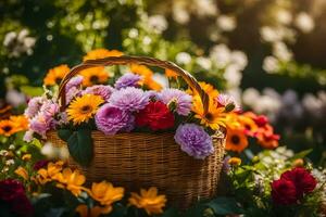 un cesta lleno de vistoso flores en un soleado día. generado por ai foto