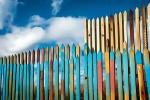 a colorful fence with a blue sky in the background. AI-Generated photo