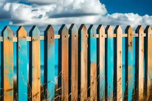 a wooden fence with blue and white paint. AI-Generated photo