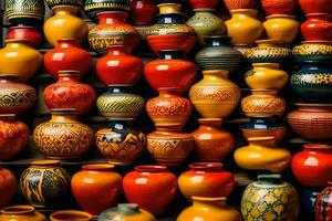 colorful pottery vases in the market. AI-Generated photo