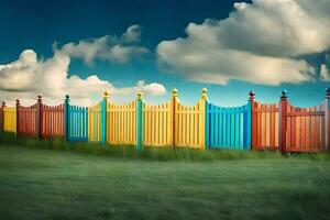 a colorful fence with a blue sky and clouds. AI-Generated photo