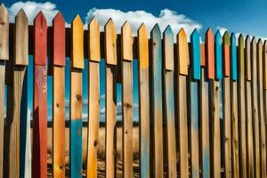 a wooden fence with many different colored wooden posts. AI-Generated photo