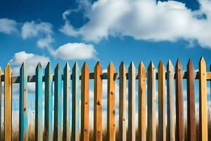 a wooden fence with blue sky and clouds in the background. AI-Generated photo