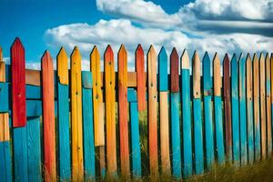 colorful wooden fence with blue sky and clouds. AI-Generated photo