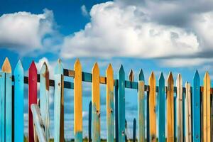 colorful wooden fence with blue sky and clouds. AI-Generated photo