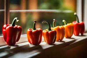 a row of peppers in a window sill. AI-Generated photo