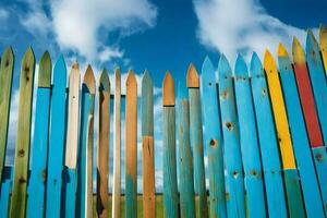 colorful wooden fence with blue sky and clouds. AI-Generated photo