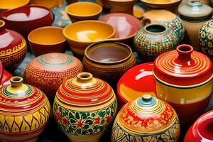 many colorful pottery vases are displayed on a table. AI-Generated photo