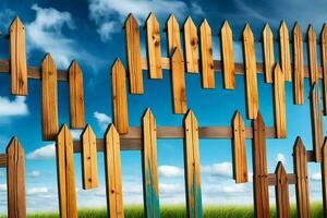a fence made of wooden boards with a blue sky in the background. AI-Generated photo