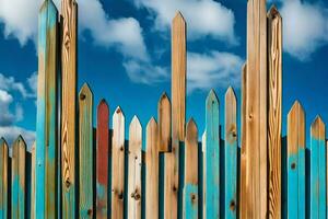 a wooden fence with blue sky and clouds. AI-Generated photo