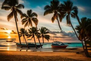 palm trees on the beach at sunset. AI-Generated photo