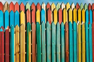 colorful fence with many different colored wooden posts. AI-Generated photo