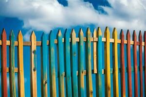 a colorful fence with blue sky in the background. AI-Generated photo