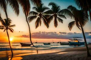 a sunset on the beach with boats and palm trees. AI-Generated photo