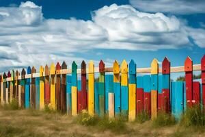 colorful wooden fence with blue sky and clouds. AI-Generated photo