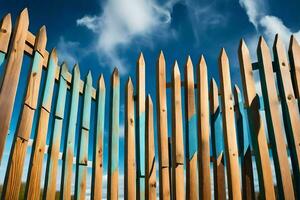 a wooden fence with blue sky and clouds in the background. AI-Generated photo