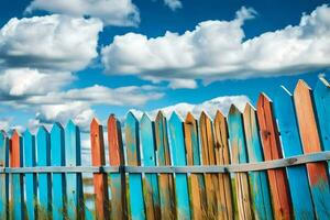 colorful wooden fence with blue sky and clouds. AI-Generated photo